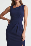 Navy Sheath Asymmetric Neck Midi Work Dress with Slit