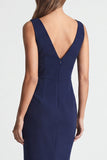 Navy Sheath Asymmetric Neck Midi Work Dress with Slit