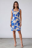 Blue Floral Sheath Square Neck Midi Work Dress