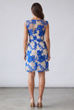 Blue Floral Sheath Square Neck Midi Work Dress