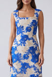 Blue Floral Sheath Square Neck Midi Work Dress