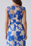 Blue Floral Sheath Square Neck Midi Work Dress