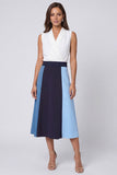 Ivory and Blue A Line V-Neck Midi Work Dress