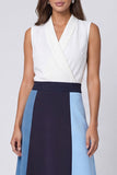 Ivory and Blue A Line V-Neck Midi Work Dress