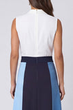 Ivory and Blue A Line V-Neck Midi Work Dress