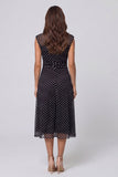 Black White Polka Dots A Line V-Neck Midi Work Dress