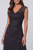 Black White Polka Dots A Line V-Neck Midi Work Dress