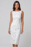 Ivory Sheath Bateau Neck Floral Midi Work Dress