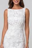 Ivory Sheath Bateau Neck Floral Midi Work Dress