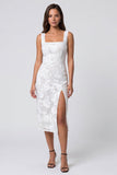 Ivory Sheath Floral Square Neck Midi Work Dress with Slit