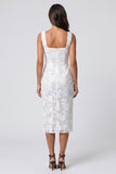 Ivory Sheath Floral Square Neck Midi Work Dress with Slit