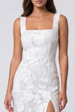 Ivory Sheath Floral Square Neck Midi Work Dress with Slit
