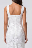 Ivory Sheath Floral Square Neck Midi Work Dress with Slit