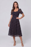 Black White Polka Dots A Line Puff Sleeves Midi Work Dress