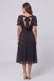 Black White Polka Dots A Line Puff Sleeves Midi Work Dress
