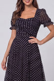 Black White Polka Dots A Line Puff Sleeves Midi Work Dress
