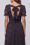 Black White Polka Dots A Line Puff Sleeves Midi Work Dress