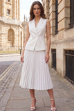 Ivory 2 Piece Pleated Double Breasted Midi Work Dress