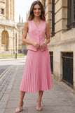 Pink A Line Single Breasted Pleated 2 Piece Midi Work Dress