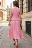 Pink A Line Single Breasted Pleated 2 Piece Midi Work Dress