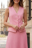 Pink A Line Single Breasted Pleated 2 Piece Midi Work Dress