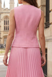 Pink A Line Single Breasted Pleated 2 Piece Midi Work Dress