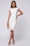 Ivory Sheath Round Neck Midi Work Dress with Back Keyhole