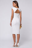 Ivory Sheath Round Neck Midi Work Dress with Back Keyhole