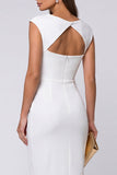 Ivory Sheath Round Neck Midi Work Dress with Back Keyhole