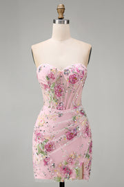 Pink Sweetheart Sheer Corset Bodycon Sequins Party Dress