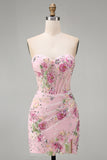 Pink Sweetheart Sheer Corset Bodycon Sequins Party Dress