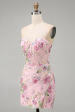 Pink Sweetheart Sheer Corset Bodycon Sequins Party Dress