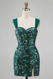 Sparkly Dark Green Bodycon Sequin Short Cocktail Dress with Slit