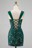 Sparkly Dark Green Bodycon Sequin Short Cocktail Dress with Slit