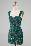Sparkly Dark Green Bodycon Sequin Short Cocktail Dress with Slit