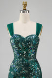 Sparkly Dark Green Bodycon Sequin Short Cocktail Dress with Slit