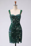 Sparkly Dark Green Bodycon Sequin Short Cocktail Dress with Slit