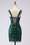 Sparkly Dark Green Bodycon Sequin Short Cocktail Dress with Slit