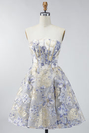 Strapless Dusty Blue A Line Corset Jacquard Short Graduation Dress