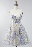 Strapless Dusty Blue A Line Corset Jacquard Short Graduation Dress