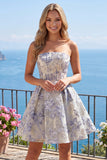Strapless Dusty Blue A Line Corset Jacquard Short Graduation Dress
