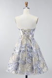 Strapless Dusty Blue A Line Corset Jacquard Short Graduation Dress
