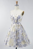 Strapless Dusty Blue A Line Corset Jacquard Short Graduation Dress