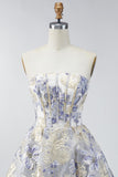 Strapless Dusty Blue A Line Corset Jacquard Short Graduation Dress