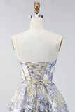 Strapless Dusty Blue A Line Corset Jacquard Short Graduation Dress