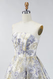 Strapless Dusty Blue A Line Corset Jacquard Short Graduation Dress