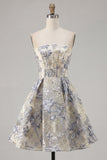 Strapless Dusty Blue A Line Corset Jacquard Short Graduation Dress