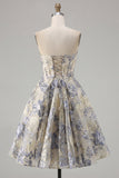 Strapless Dusty Blue A Line Corset Jacquard Short Graduation Dress