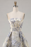 Strapless Dusty Blue A Line Corset Jacquard Short Graduation Dress