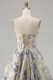 Strapless Dusty Blue A Line Corset Jacquard Short Graduation Dress